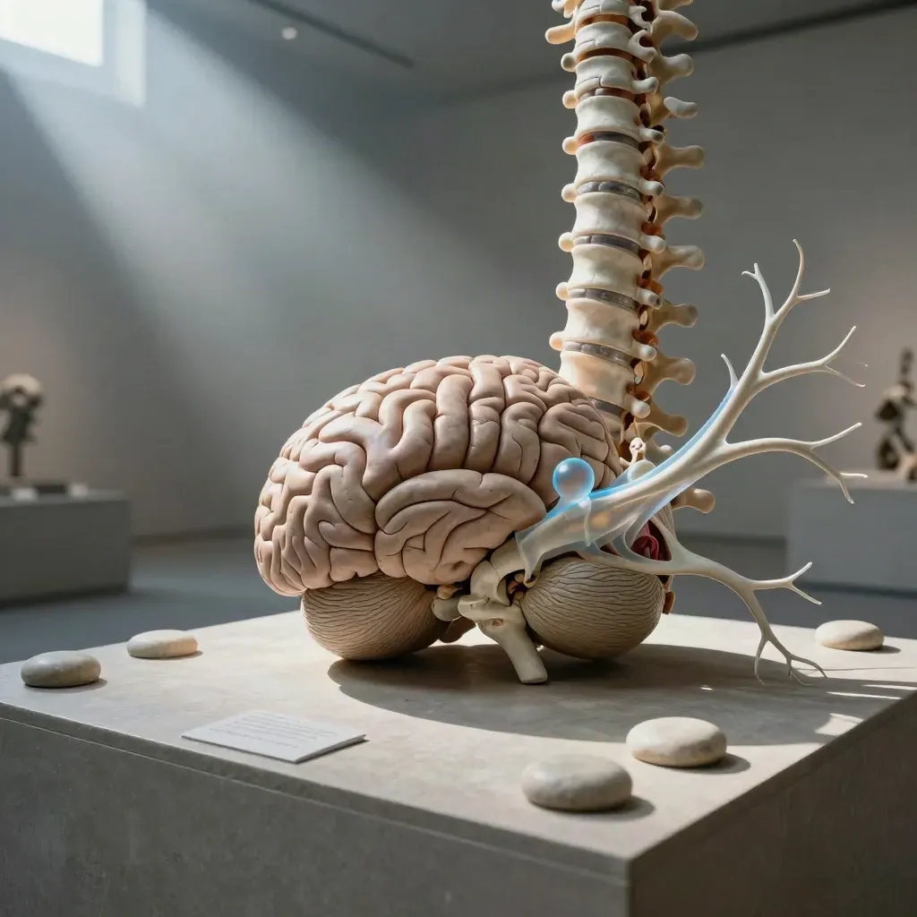 Monumentalna makieta neuroanatomii na kamiennym postumencie, z błękitnym akcentem i mgłą o świcie.