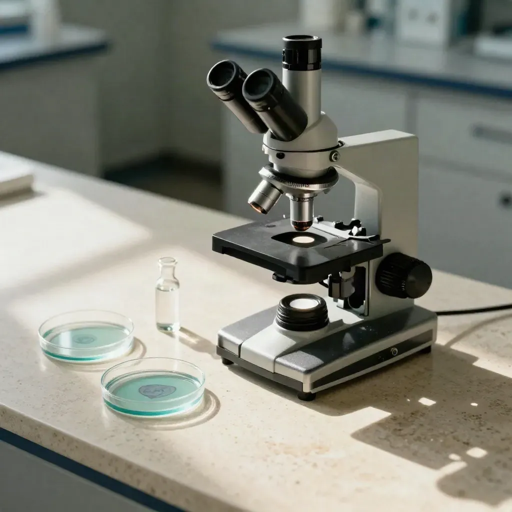 Mikroskop i próbki laboratoryjne na kamiennym blacie w ciepłym świetle.