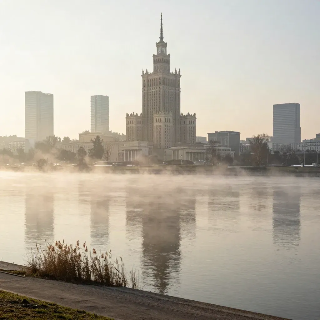 Warszawska panorama Mazowsza o świcie nad Wisłą, w ciepłej mgle i złotym świetle.